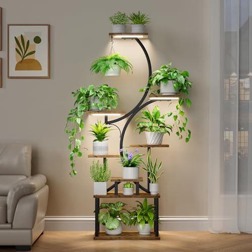 Plant Stand Indoor with Grow Lights, 8 Tiered Indoor Plant Shelf, 62" Tall Plant Stand for Indoor Plants Multiple, Metal Plant Flower Holder Stand, S-Shaped Plant Rack for Home, Patio (Black)