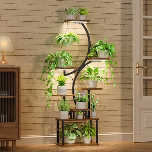 Plant Stand Indoor with Grow Lights, 8 Tiered Indoor Plant Shelf, 62" Tall Plant Stand for Indoor Plants Multiple, Metal Plant Flower Holder Stand, S-Shaped Plant Rack for Home, Patio (Black)