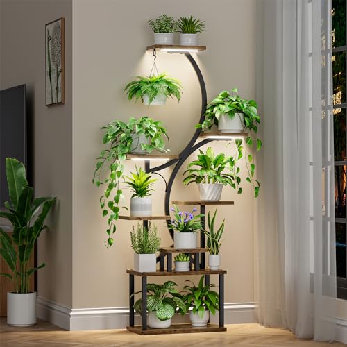 Plant Stand Indoor with Grow Lights, 8 Tiered Indoor Plant Shelf, 62" Tall Plant Stand for Indoor Plants Multiple, Metal Plant Flower Holder Stand, S-Shaped Plant Rack for Home, Patio (Black)