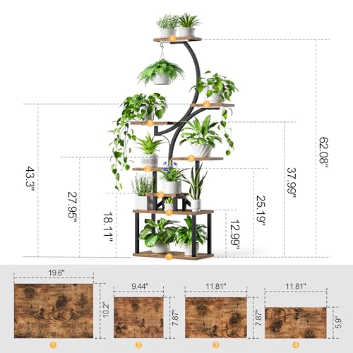 Plant Stand Indoor with Grow Lights, 8 Tiered Indoor Plant Shelf, 62" Tall Plant Stand for Indoor Plants Multiple, Metal Plant Flower Holder Stand, S-Shaped Plant Rack for Home, Patio (Black)